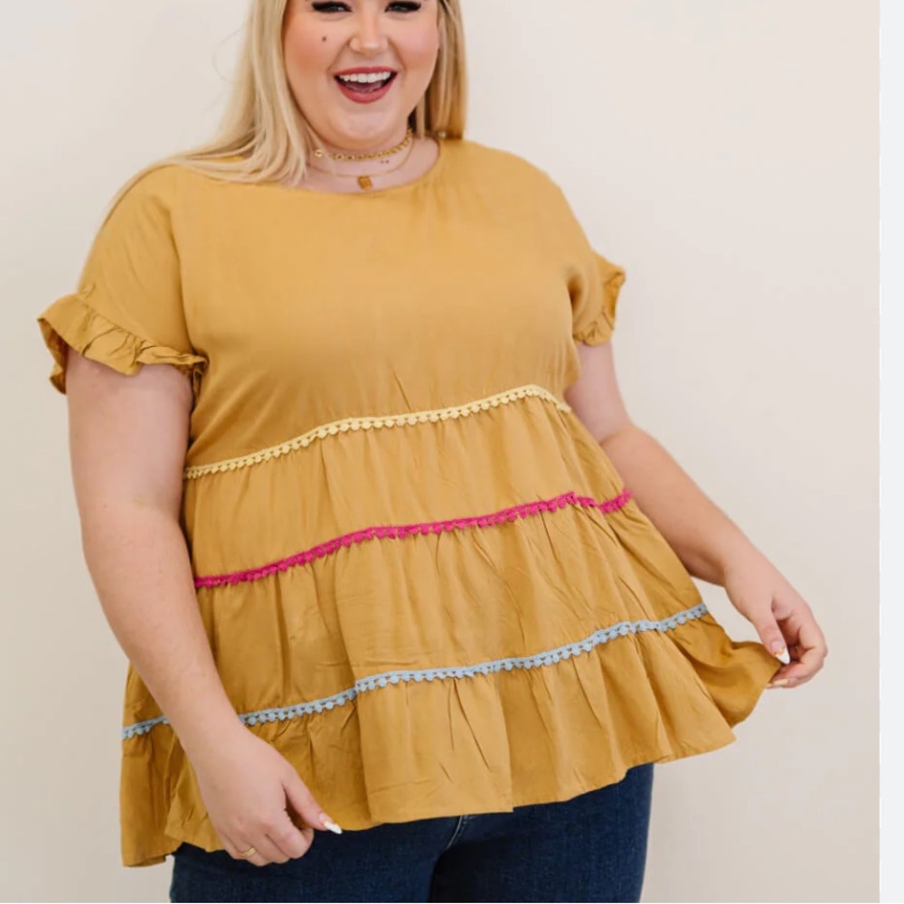 Chic Soul Plus Size Colorful, Pom-Pom, Baby Doll Top Ruffle Sleeve Size 1X